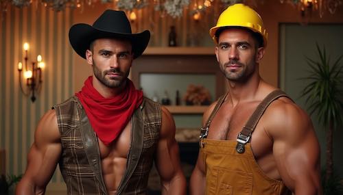 Two hot guys wearing popular male stripper costumes Accessories for costumes help you to stands out in male stripper wear