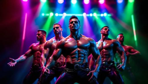 A male revue show A group of male strippers dancing at a revue show